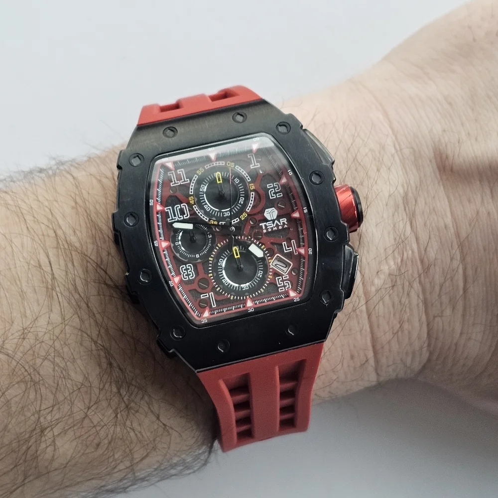 TSAR BOMBA Mens Elemental Black Face TB8204Q Red Band Watch - Picture 6 of 7